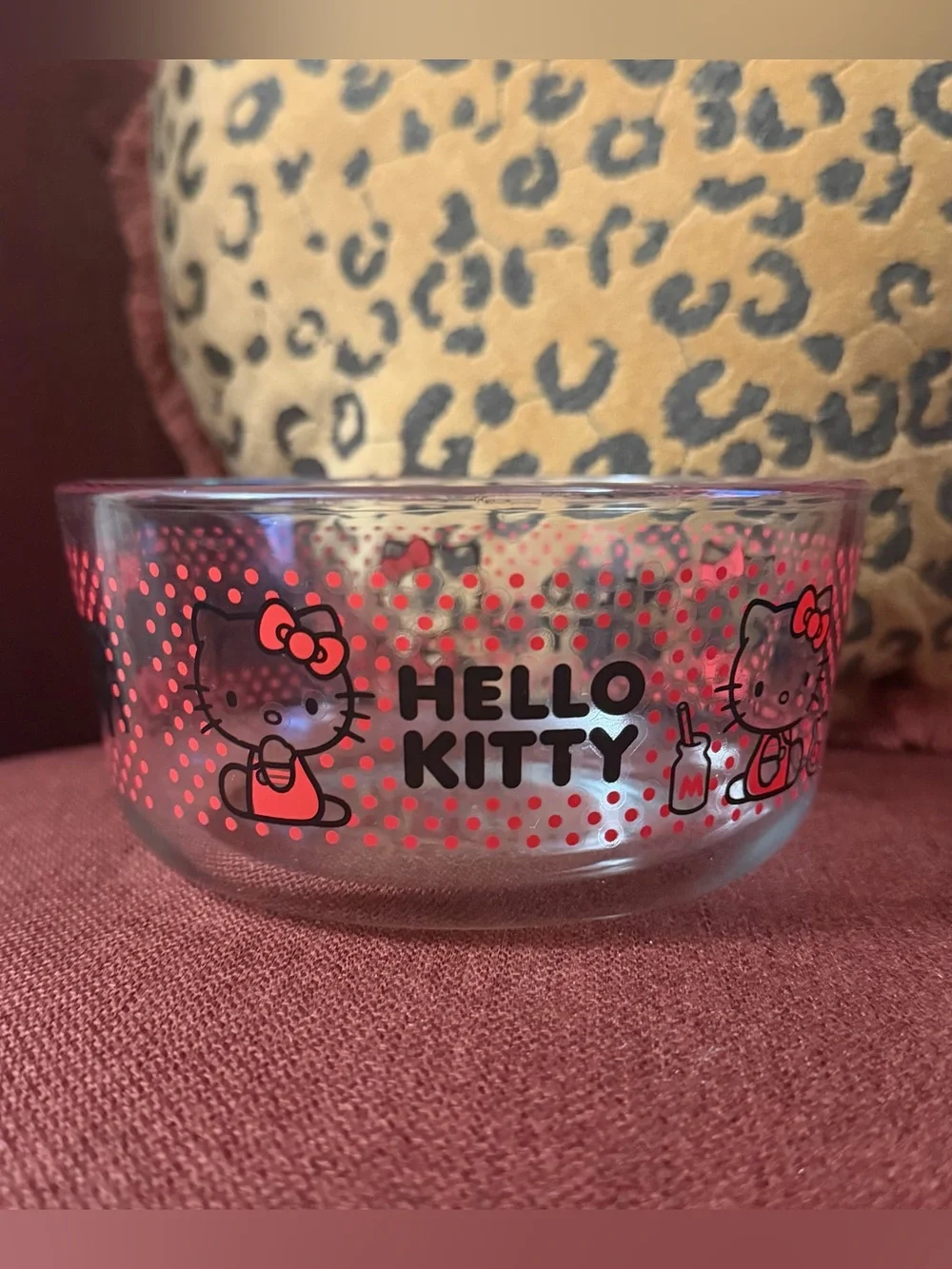 Pyrex Hello Kitty Clear Glass Bowl, Red Polka Dots 5.75”